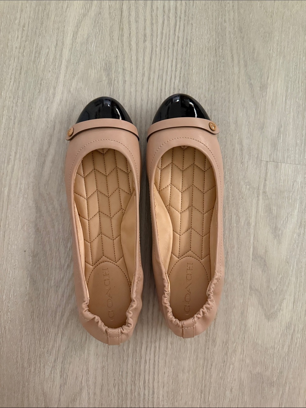 Coach Two-Tone Leather Ballet Flats in Blush Pink and Black Cap Toe
